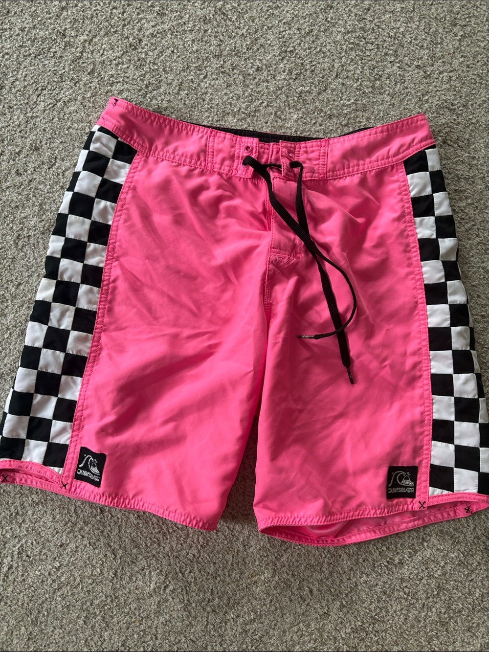 Quiksilver Men’s Hot Pink Boardshorts with Black-and-White Checker Panels